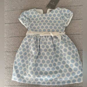 Mayoral Girls Blue and White Polka dot dress with white velvet belt Size 3 NWT